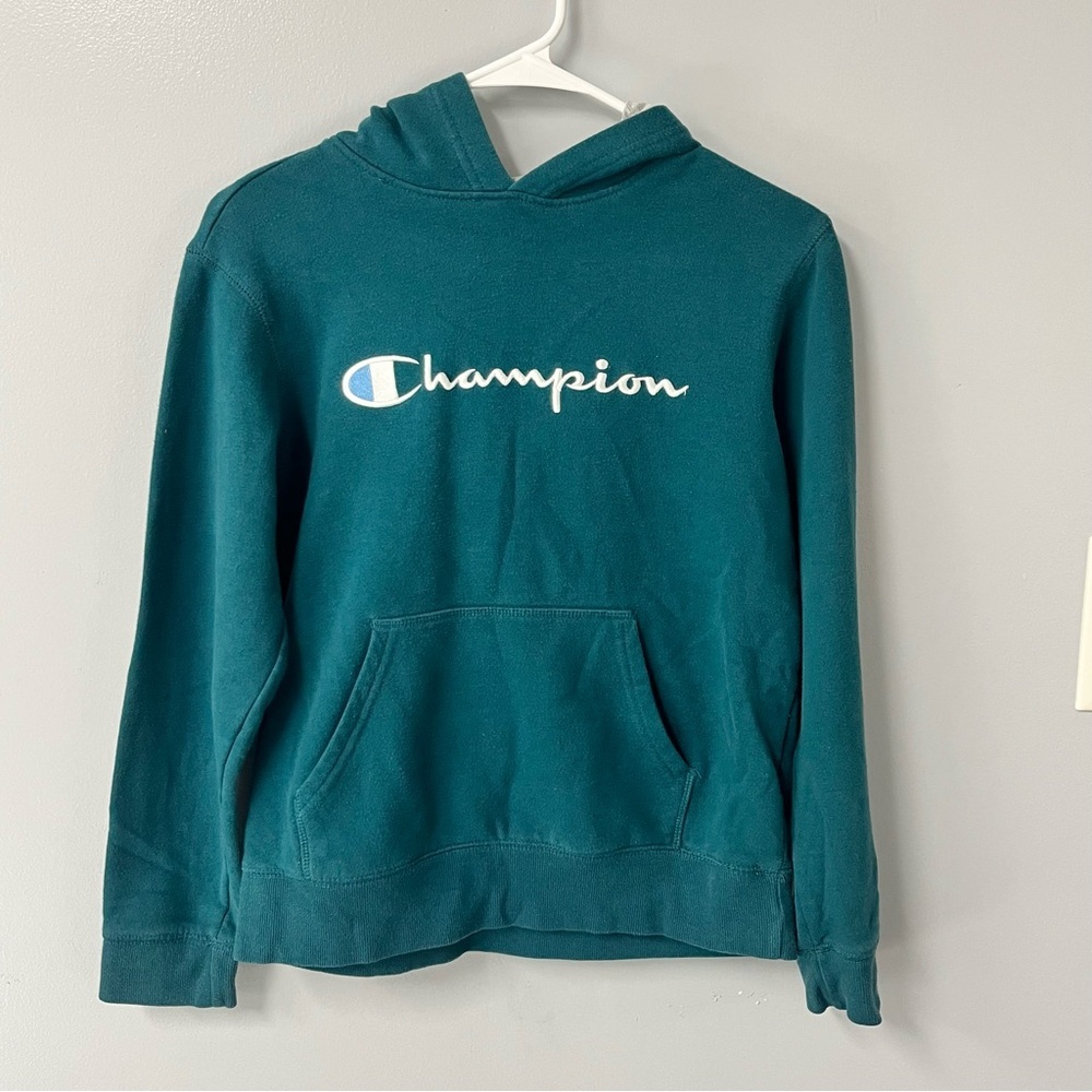 champion‎ hoodie dark green teal script logo kids size large